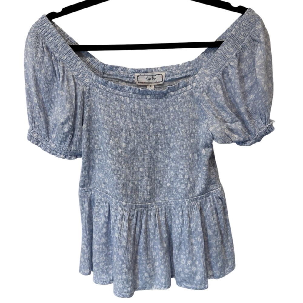 Hippy Rose Floral Ruched Peasant Blouse w/ Puffed Sleeves Square Neck